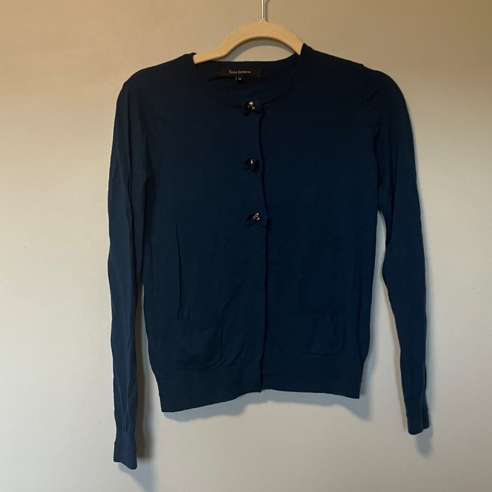 Tara Jarmon Teal Blue Cardigan Wool Cashmere Sweater with Nice Bow buttons